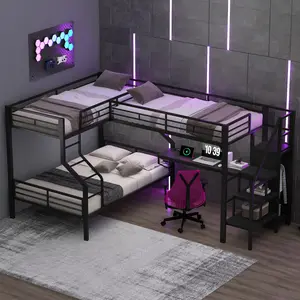 Twin Over Full Bunk Bed with Desk & Storage, L-Shaped Triple Bunk Bed with Wardrobe, Desk & Charging Station, Metal Corner 3 Bunk Beds with Storage Steps for Kids, Black