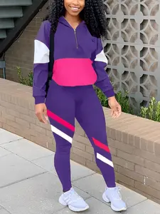 Two-Piece Set Women's Colorblock Print Zip Up Crop Jacket & Leggings Tracksuit Set, Casual Sporty Breathable Outfits for Yoga Gym Workout Running, Ladies Summer Clothes