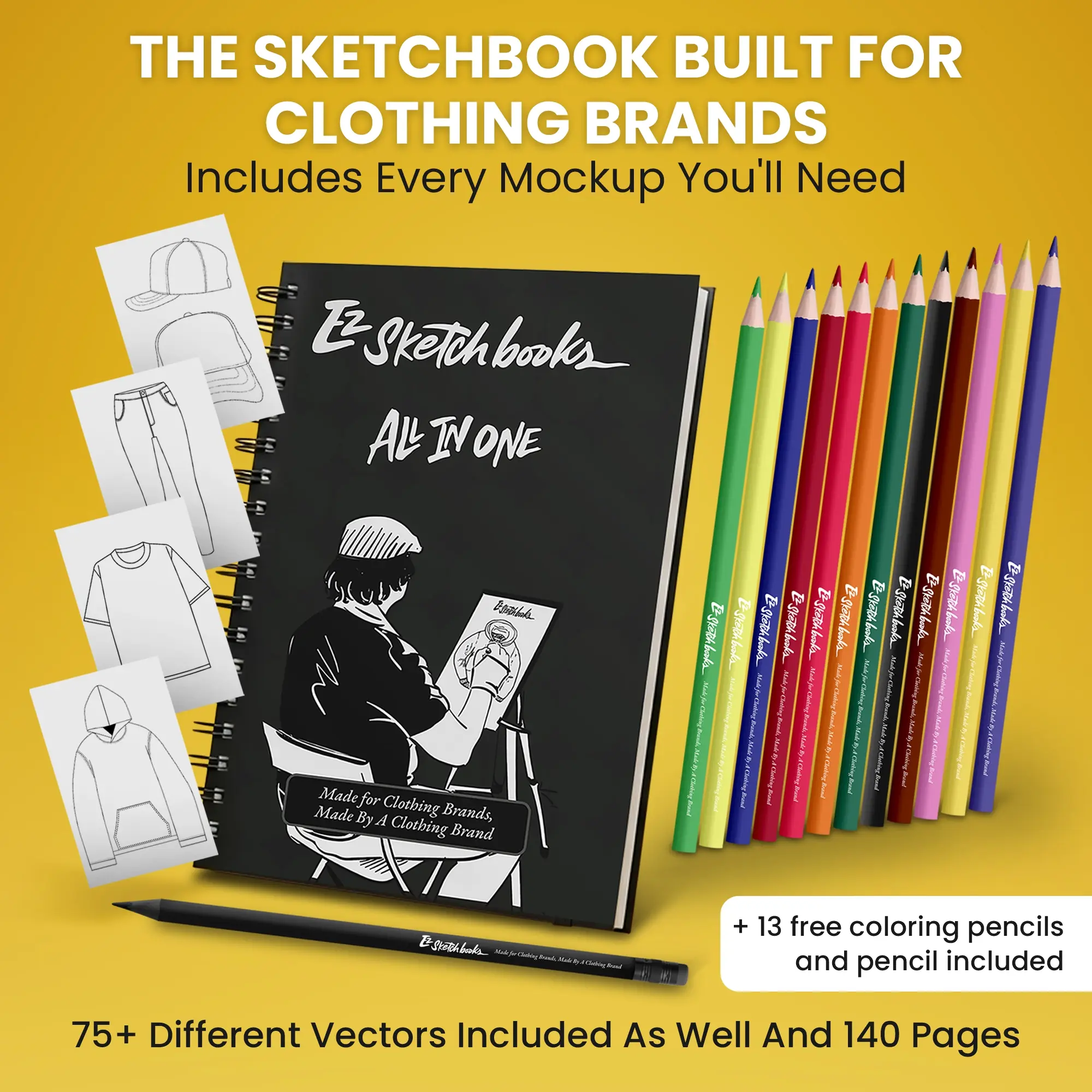 All In One Ez Sketchbook - 140 Pages with 75+ Mockups & 5 Freestyle Sketch Pages for Clothing Designers Doodle Drawing Pen Art Marker Pen with Free Pencil Included