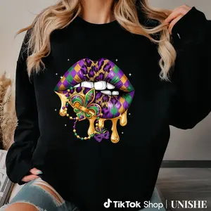 Mardi Gras Lip Genuine Costume Sweatshirt for Women – Long Sleeve Fleur De Lis Design