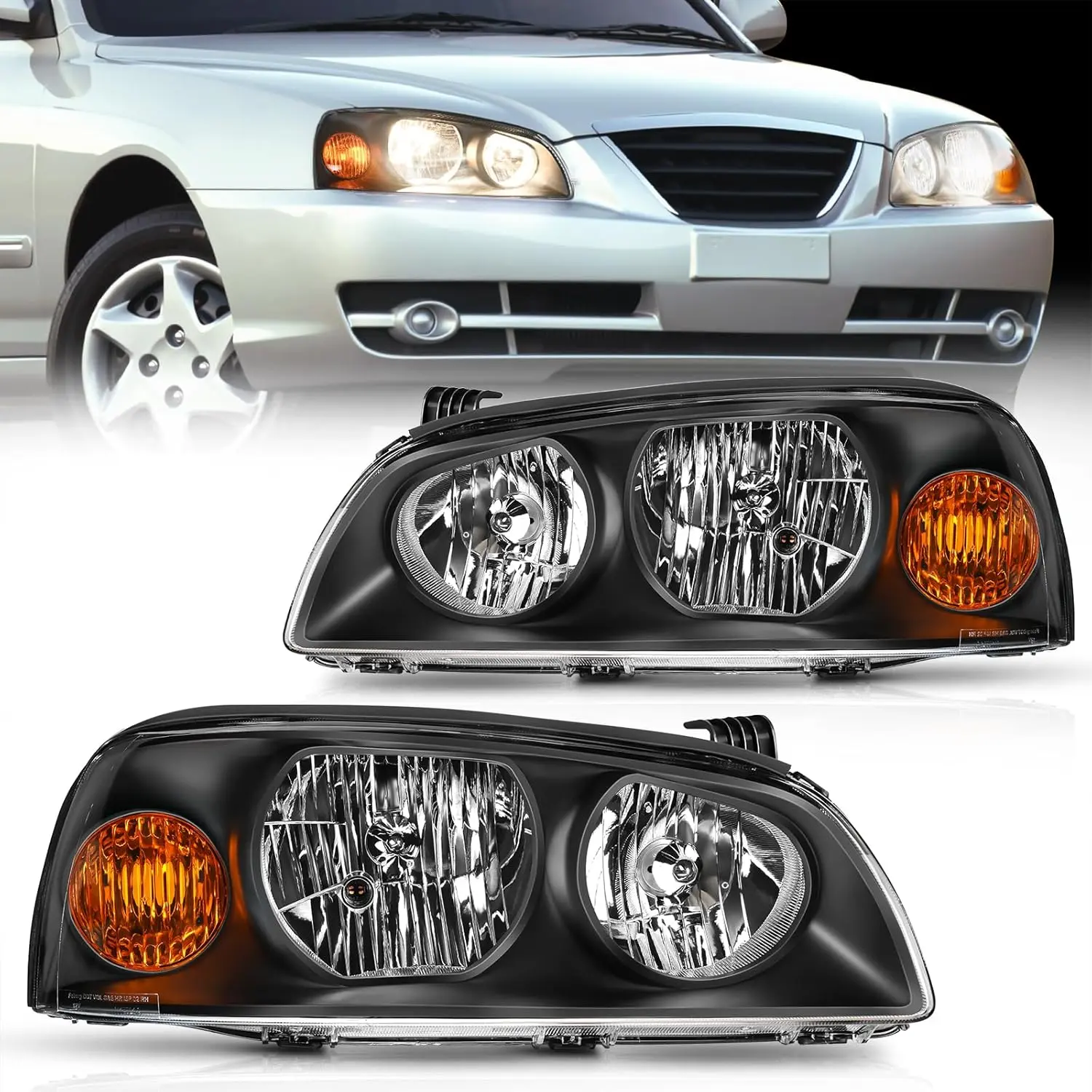 Nilight Vented Headlight Assembly, Compatible with 2004-2005-2006 Hyundai Elantra, Black Housing, Amber Reflector, Driver & Passenger Side Replacement Headlamp, Headlight Vented