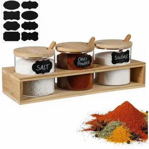 Set of 3 Spice Container Condiment Jar with Bamboo Lids Spoons Clear Glass Spice Jar Kitchen Storage Container for Salt Sugar Tea Coffee Saving Seasoning Canister Organizer for Counter