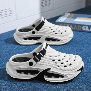 Men's Trendy Hollow Out Clogs, White with Blue Air Cushion Slides, Two-Wear Adjustable Strap Casual Shoes for Daily Wear