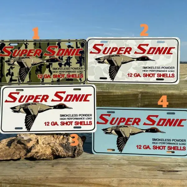 Super Sonic Shot Shells Vintage Style Waterfowl License Plate, Camouflage Car Accessory, Gifts for Him, Hunting, Tag for Car, Truck