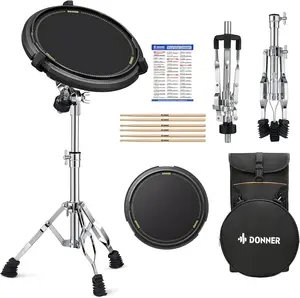Practice Pad Stand Set, Snare Drum Stand with 12 Inch Silent Drum Pad, Drum Sticks, Backpack, Adjustable Stand, Suitable for Drums with 10-14 Inch Diameter (Black)