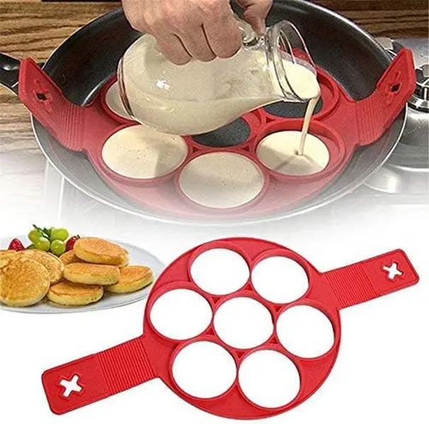 Egg Frying, 1Pcs Silicone Egg Rings Non-Stick Pancake Making Mould Omelette Mould Cooking with Handles for Fried Eggs/Egg Muffins, DIY Kitchen Utensils, 7 Holes Round
