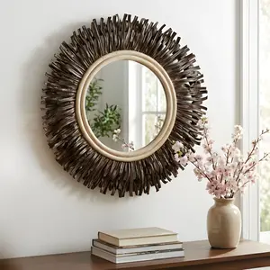 Hapsala Round Rattan Starburst Wall Mirror, 30"