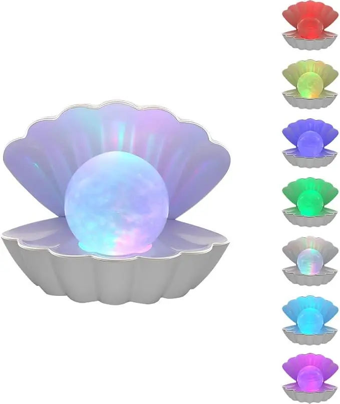 Shell Pearl Beach Themed Night Light, RGB  Changing Mood Shell Pearl Lamps, Bedside LED Clamshell Portable Night Lights for Bar (White)