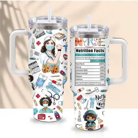 40oz Cylindrical Classic Leakproof Printed Stainless Steel Tumbler with Handle & Lid - Reusable Beach Water Bottle, Travel Coffee Mug, Appreciation Gift for Women (Nurses Week, Nursing School Graduation)