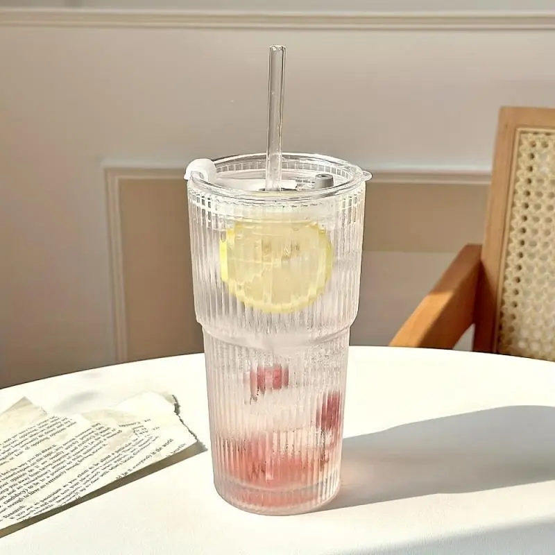 Large Capacity Glass Cup with Lid & Straw, 1 Count Vintage Transparent Water Tea Milk Juice Cup, Summer Cool Bottle Drinking Cup for Home Office