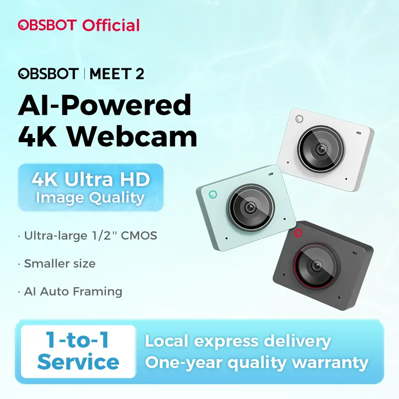 【NEW!!!】OBSBOT MEET 2 - AI-Powered 4K Webcam, AI Framing & Autofocus, Webcam with Microphone, Background Bokeh, 60 FPS, HDR Low-Light Correction, Beauty Mode, Webcam for PC, Streaming, Conference, Gaming, etc.