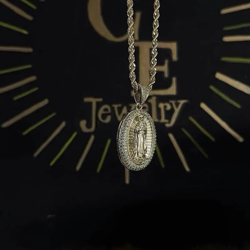 Gold Plated Virgin Mary Pendant Necklace, Textured Rope Chain Jewelry Necklaces - Men’s Jewelry Statement Necklace for Casual or Formal Occasions