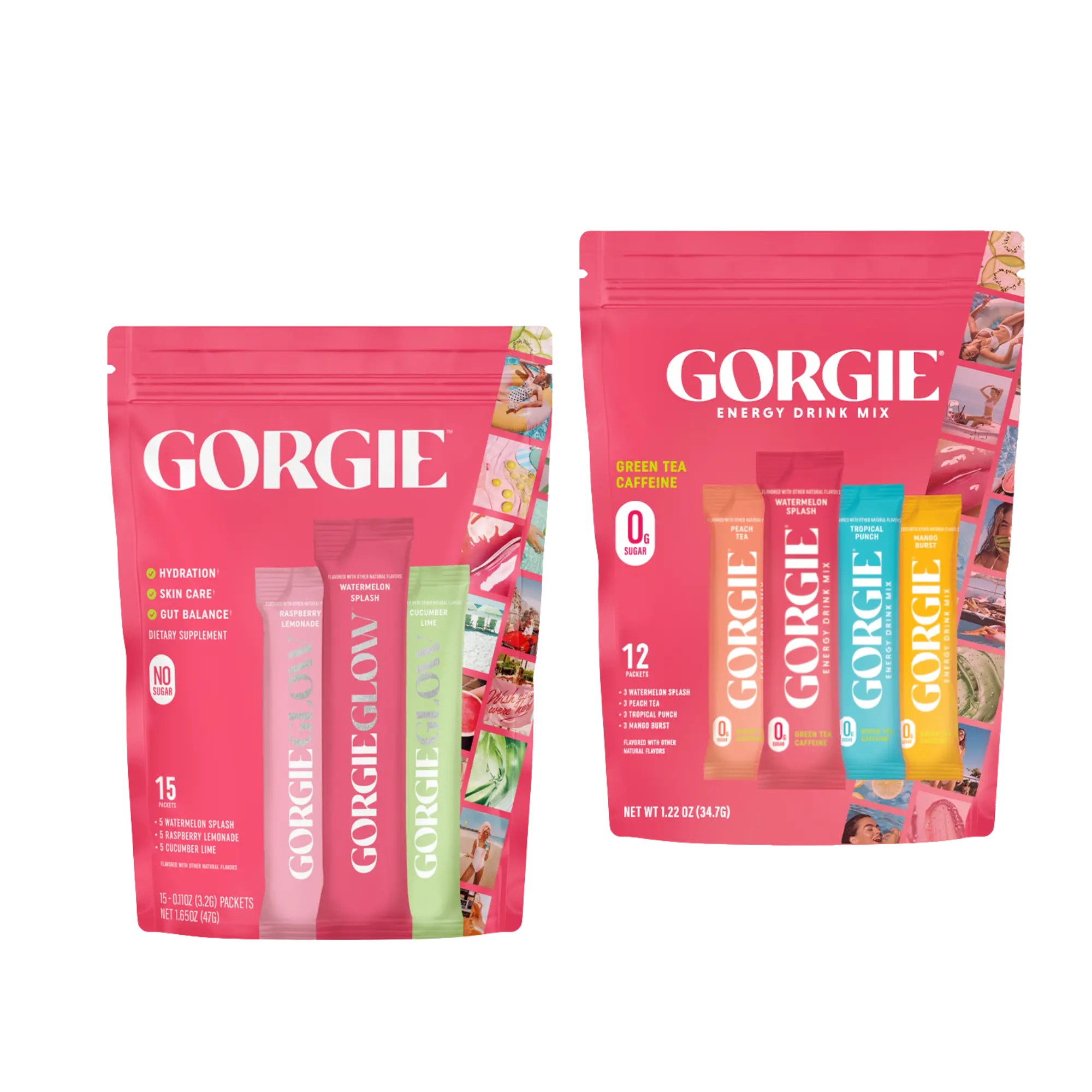 GORGIE GLOW + Energy Mix Bundle - GORGIE Hydration Glow Variety Pack 15 Sticks  + Sugar-Free Natural Energy Drink Mix, On the Go Powder, Healthy Energy Drinks - Green Tea Caffeine, Biotin, B Vitamins -150mg Caffeine, L-Theanine, Vegan, & Low Calorie