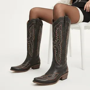 UTIFU Bold Embroidered Cowgirl Boots for Women with Western Charm Knee-High Durable Heel in Grey Brown Red & Turquoise