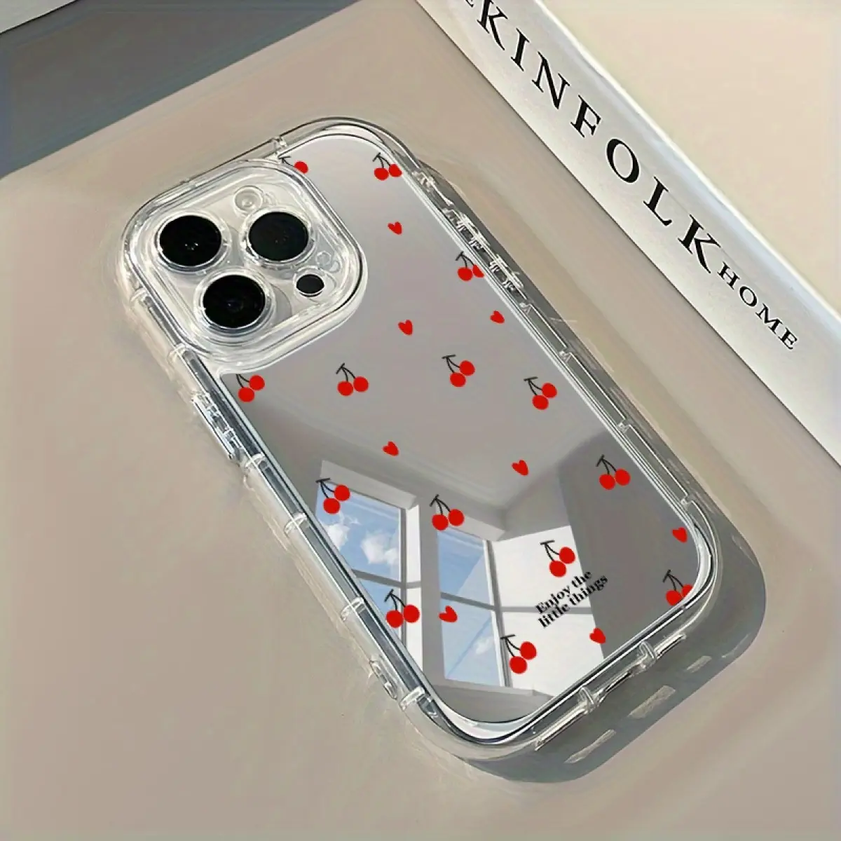 Cute Red Cherries Hearts "Enjoy the little things" Electroplated Mirror 2-in-1 Phone Case for iPhone 17/16/15/14/13/12/11 Pro/Plus/Pro Max/Air Shockproof Acrylic