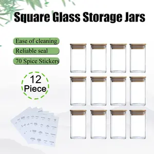 Glass Jars 8OZ, 12 Set with Bamboo Airtight Lids and Labels, Food Cereal Storage Large Spice Containers for Home Kitchen Tea Coffee Flour Herbs Grains Bottles