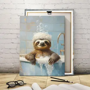 Sloth Bath Time Pattern Canvas Painting with Frame, Modern Art Print, Wall Art Decor for Home Living Room Bedroom Office, Ornaments