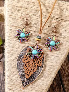 Women's Flower Necklace Earrings Set, Bohemian Multi-Layer Leaf Colorful Flowers Long Jewelry Set, Wedding Party Daily Vacation Casual Wear Hoop Earring Sets