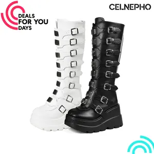 CELNEPHO Platform Boots for Women Round Toe Chunky Wedge Heel Goth Boot Metal Buckle Design Platform Boot Back Zipper Closure Easy Pull on Combat Boots Costume Party Punk Summer Date Dress Shoes Deals For You Days