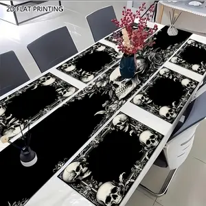 2D flat printing, 1 piece/2 pieces/4 pieces/6 pieces/8 pieces/5 pieces set/7 pieces set, elegant Gothic style plant table flag and placemat set, with skull flower border pattern, suitable for holiday gatherings and kitchen dining table decoration