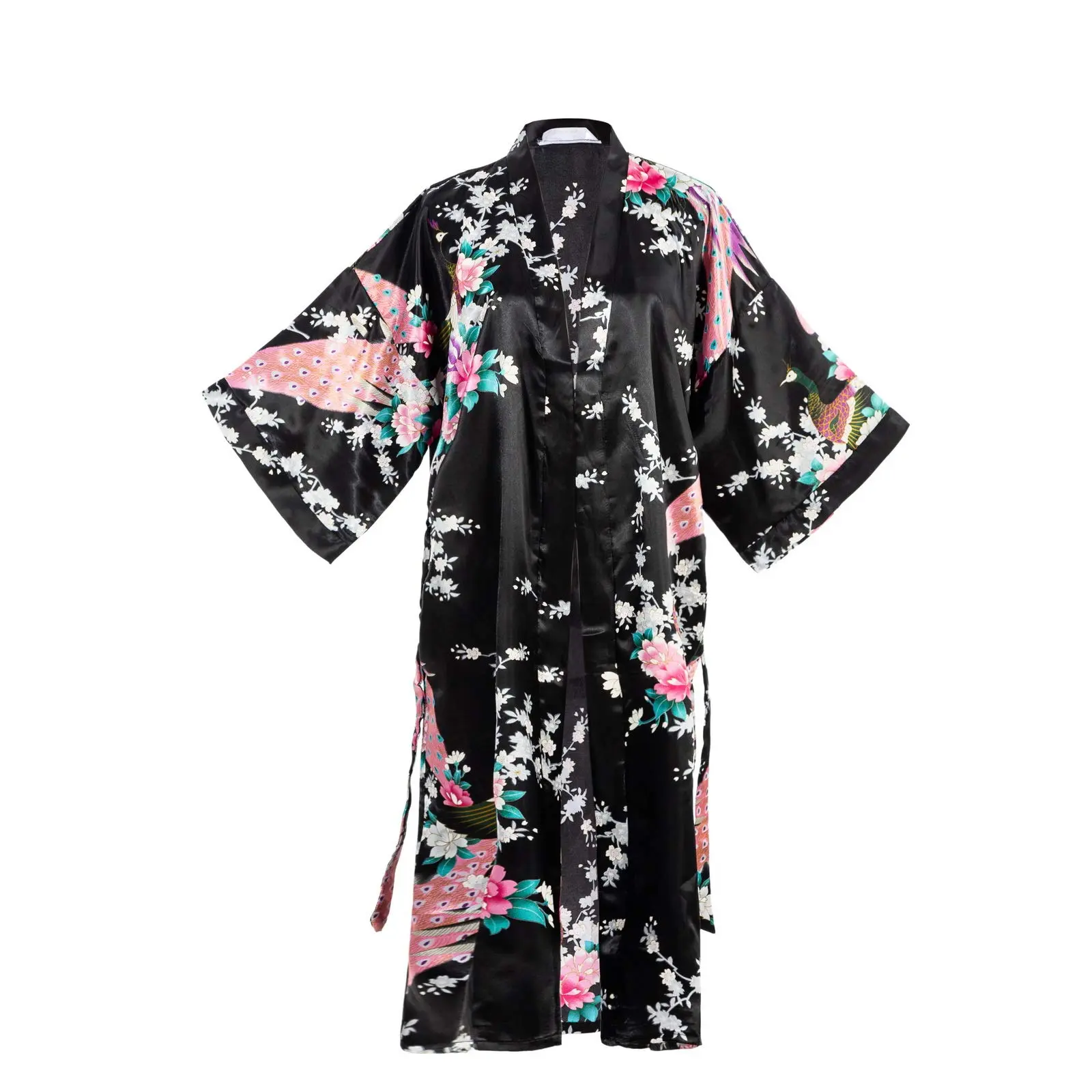 Women's Floral Peacock Kimono Robe, Asian Fashion Loungewear in Light Silky Satin Polyester, Belted Gown for Bridal Party Gifts, Fits, Nightwear, Birthday, Vibe, Beach, Style, Fabric, Sleeves, Japanese Style, Matching, Everyday