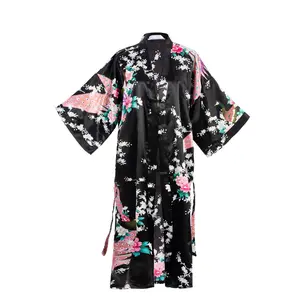 Asian Home Flower Peacock Satin Silk Kimono Robe, Dressing Gown, Bridal, Gift, One Size Fits Most Floral Fabric