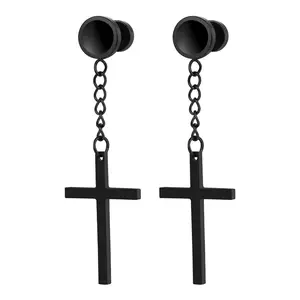 OIDEA Men's Inverted Cross Stud Earrings, Anti-Rust Stainless Steel Disc-Dumbbell Chain Drop Studs, Cross Crucifix Earrings (Black, Gold, Silver), Anti-Rust Steel Earrings