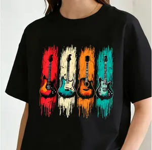 Women's Black Vintage Guitar Graphic T-Shirt  Heavyweight Crew Neck Short Sleeve Tee with Retro Music Band Design, Machine Washable Casual Shirt for Music Lovers