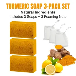[BUY 1 GET 2 FREE]Lemon Turmeric 3pcs Kojic Acid Soap - Gentle Dark Spot Remover for Face Acne Cleanser Cream Cleansing turmeric soap Face Facial Skincare Radiant Comfort，Daily Skincare Cleanser Sets with Soap Saver Bags