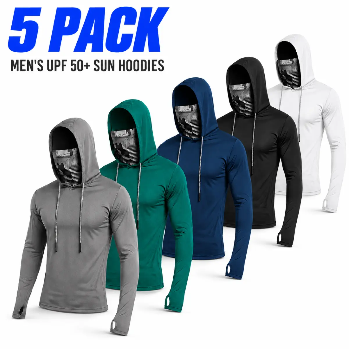 Men’s 5-Pack UPF 50+ UV Protection Stripes Hoodies, Plus Size Elastane Athletic Clothes, Quick-Dry Lightweight Long-Sleeve Shirts with Face Cover, Thumb Holes, Breathable Anti-Fade Fabric, Loose-Fit Sweat-Wicks Fast Tops for Fishing, Hiking