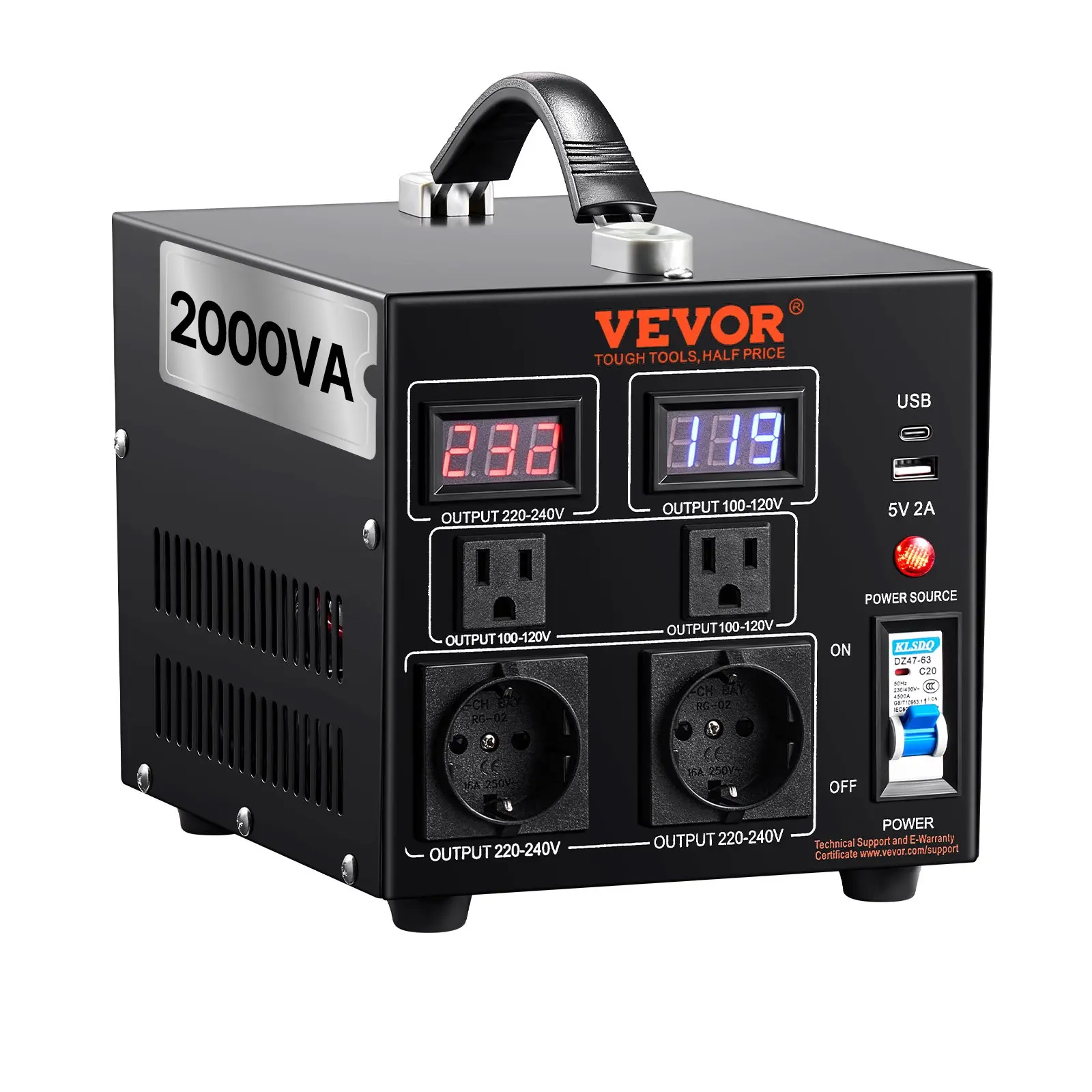 【Summerfinds】VEVOR 2000W Max Step-Up/Down Voltage Converter Transformer, Heavy-Duty AC Conversion Tool with LED Display, 15A, 14.8 lbs Metal Housing, Carry Handle, 2 European Shucko Outlets, 5V USB Port, 1 Type-C Jack, Overload Protection, CE Certified, C