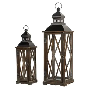Set of 2 Farmhouse Wooden Lanterns With Diamond Window Frame