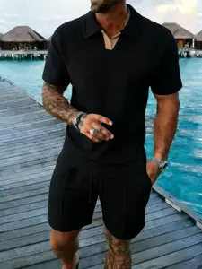 Men's Two-Piece Set: Polo Shirt Short Sleeve V-Neck with Shorts, Casual Summer, Beach Vacation Clothing, Men's Fashion