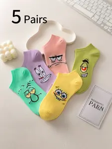 Women's Socks Set, Youth Spring Summer New Boat Socks, Spongebob Candy Color Low-Cut Short Socks, Sweat-Wicking Breathable Comfort