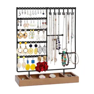 Earring Holder,5-Tier Ear Stud Holder with Wooden Tray,Jewelry Organizer Holder for Earrings Necklaces Bracelets Watches and Rings,Earring Display Stand with 132 Holes,Black