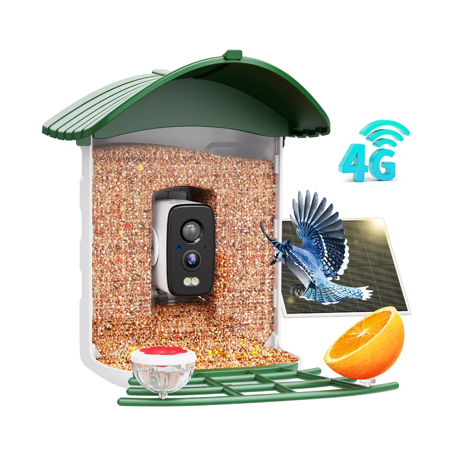 [SummerWins] 4G LTE Cellular Camera with Bird Feed, 1 Year Trial AI Identify HD Bird Watching Camera, 4 DIY Add-ons, Bird House with Solar Panel for Outdoor, 7800mAh Battery, Suitable for Bird Lover（4G DATA REFILL Required） Bird Feeder Station summerwins
