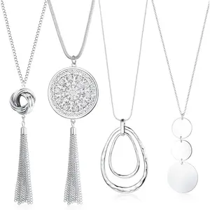 FLORIDECO 4-Piece Women's Silver-Plated Chain & Link Pendant Necklace Set - Adjustable Length, Disk & Tassels, Circle, Knot, Bar Designs, Long Pendants, Casual Wear Statement Jewelry