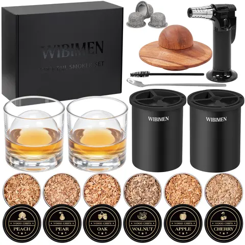 Summervibes Whiskey Smoker Kit with Clear Ice Mold – Old Fashioned Cocktail Smoker Kit, 6 Flavors Wood Chips, Clear Ice Cube Maker for Transparent Ice, Gift Set for Men, Bourbon Whiskey Gifts (Without Butane)