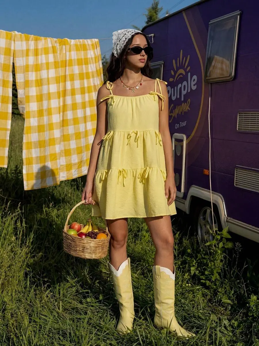 Sweet Yellow Summer Modest Picnic Holiday Mini Dress,Spaghetti Strap Tiered Boho Easter Vacation Outfits,Cute Bowknot Details Ruffle Women