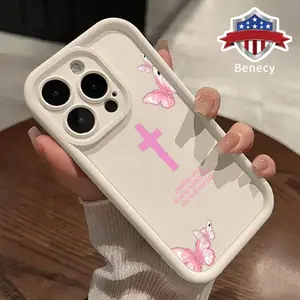 Pink Butterfly Cross Pattern TPU Phone Case for iPhone 15 16 14 Pro Max 13 12 11 XR XS Plus E Shockproof Full Camera Protection Durable Slim Silicone Cover Smartphone Casing