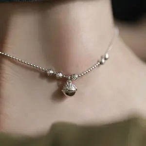 S925 Silver Tang Grass Pattern Diamond Round Bead Bell Anklet for Women