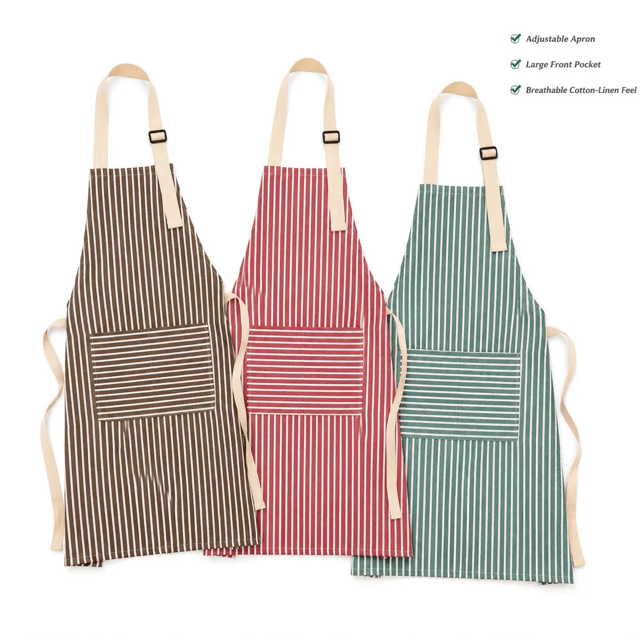 Women's Striped Cotton-Linen Bib Apron - Adjustable Neck Strap, Breathable, Pocket Aprons with Pocket for Cooking Kitchen Use