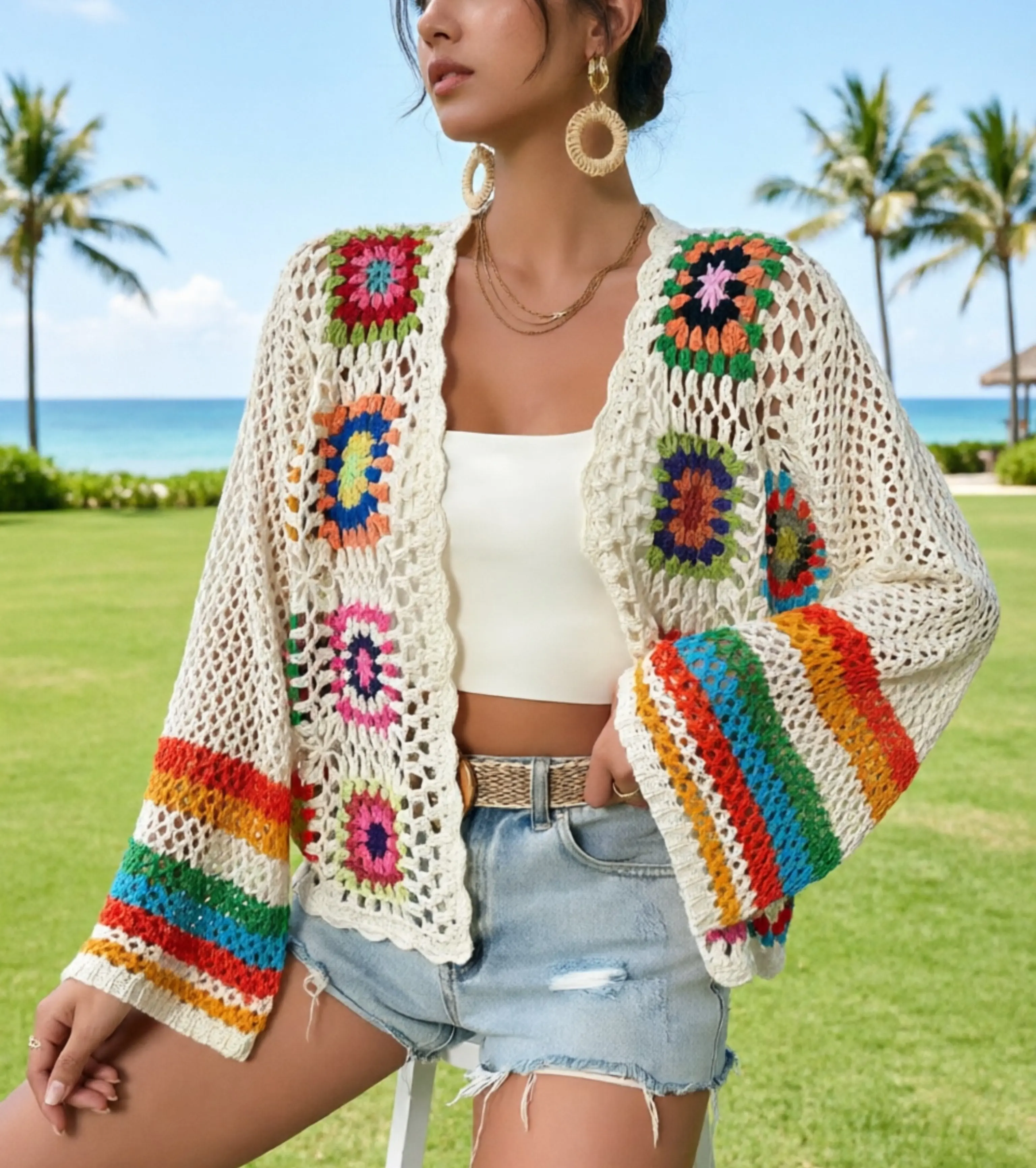 Women's Hand-Crocheted Rainbow Long-Sleeve Cardigan, Random Color Blocks, Bohemian Vintage-Inspired Openwork Knit Swim Cover Up with Ethnic Flair