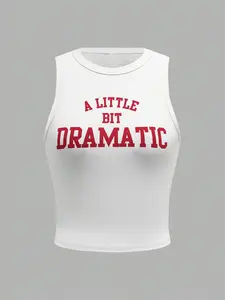 Women's Casual Round Neck Sleeveless Top, Letter Print, Fashion Summer Vest, Perfect Daily Wear Clothing for Ladies