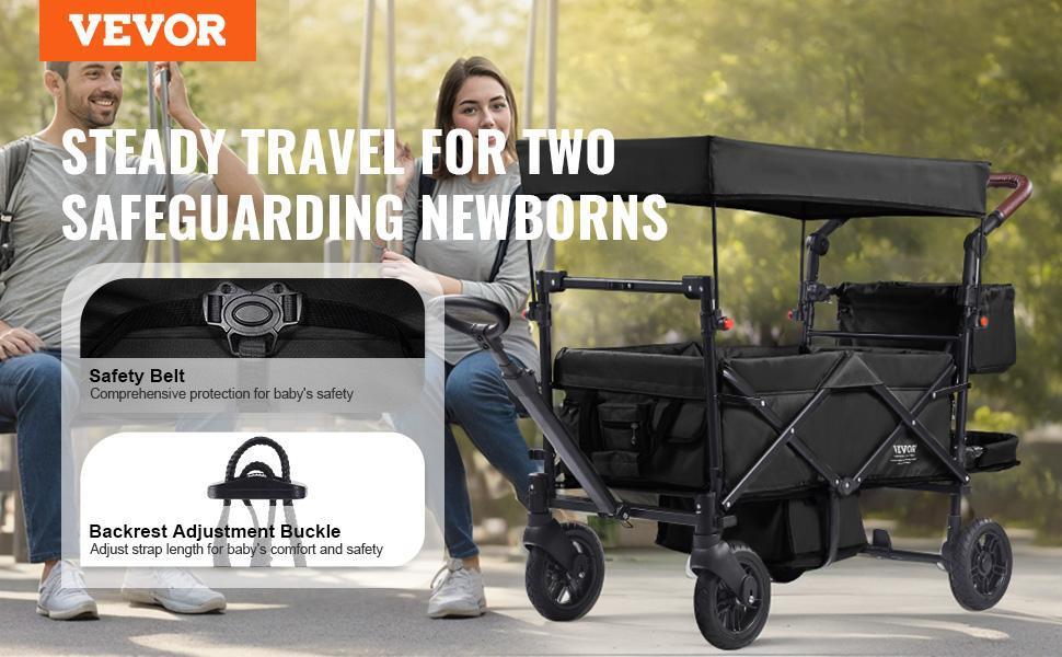VEVOR Wagon Stroller for 2 Kids,  Push Pull Quad Collapsible Stroller with Adjustable Handle, Encircling Harness Removable Canopy, 4 Wheels with Brakes, Mutifunction Tandem Stroller for Camping