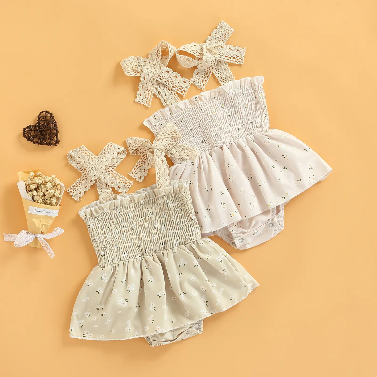 Newborn Baby Girls Summer Clothes Fly Sleeve Ruffle Romper Square Neck Smocked  Tulle Bodysuit Jumpsuit