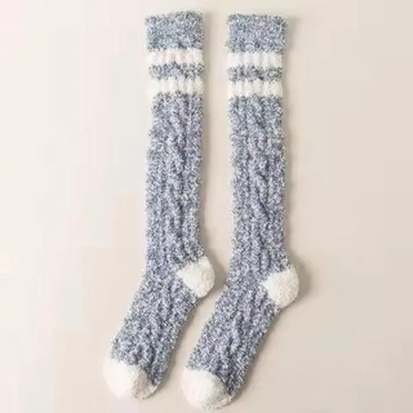 Long Winter Fuzzy Sock with Stripes - Cozy Cable Knit Design for Winter Wear