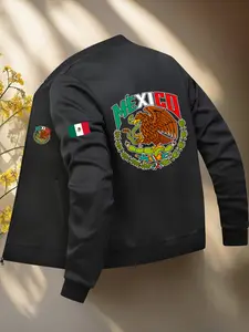Men's Mexico Flag Print Hoodie Jacket, Casual Fall & Winter Fitted Zipper Outerwear, Geometric Pattern Knit Fabric, Hooded Jacket