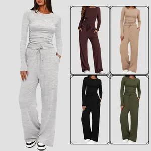 Women's 2-Piece Lounge Sets Asymmetrical Long Sleeve T Shirt Wide Leg Pants Casual Outfit Womenswear Tracksuit Basic Minimalist Clothing