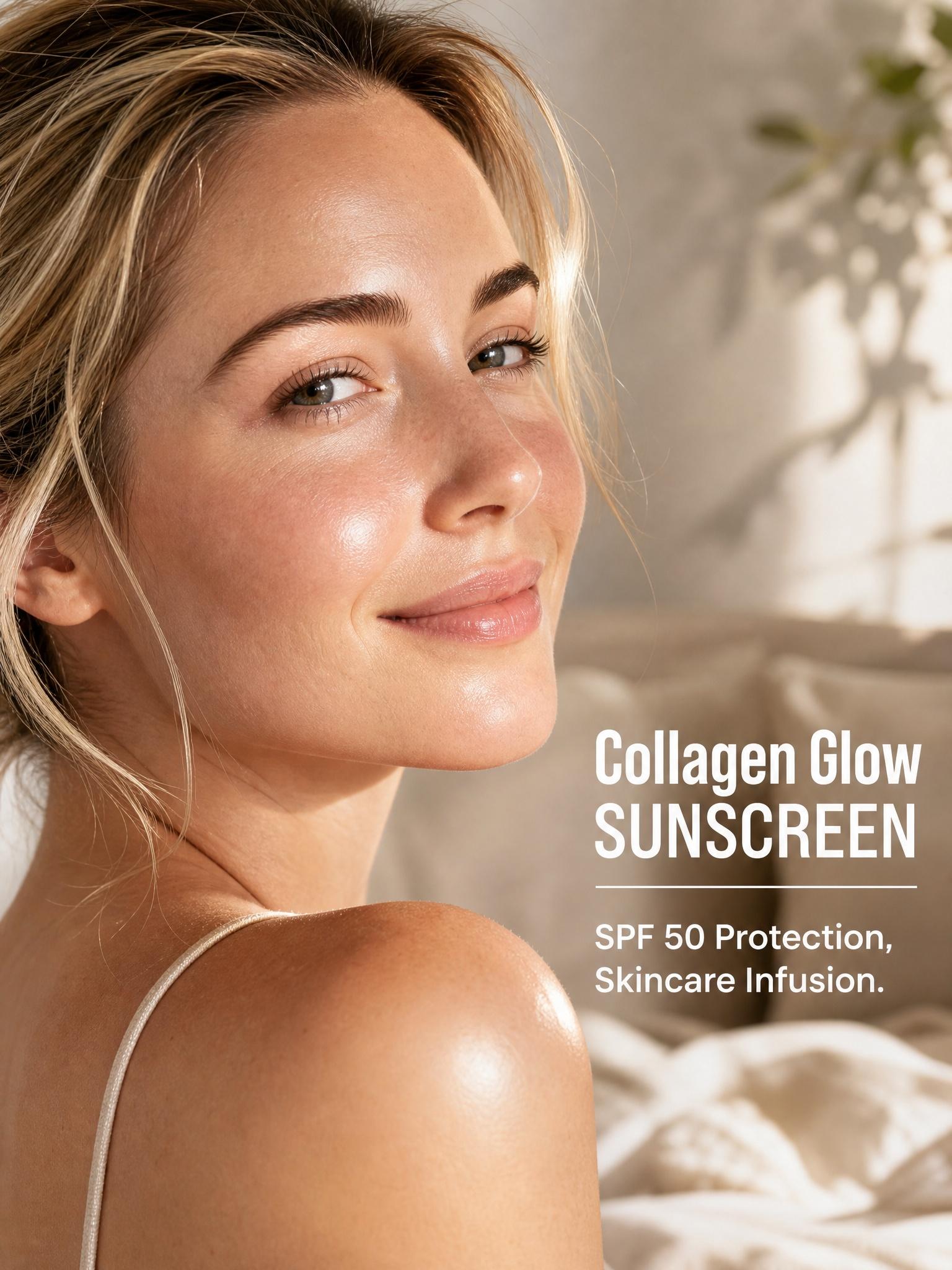 No Cast Just Glow Collagen Sunscreen | SPF 50 Broad Spectrum Face Sunscreen | Lightweight, Non-Sticky, Hydrating Formula | No White Cast or Residue | Peptide, Cica for Soothing & Natural Glow